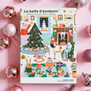 Calendrier de l'avent de la Boîte à Bonbons. 24 sortes de bonbons, surs et doux, et une plus grosse surprise pour le 24 décembre. Chaque case cache entre 3 et 6 bonbons !