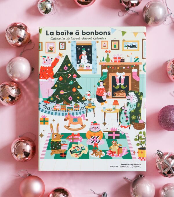 Calendrier de l'avent de la Boîte à Bonbons. 24 sortes de bonbons, surs et doux, et une plus grosse surprise pour le 24 décembre. Chaque case cache entre 3 et 6 bonbons !